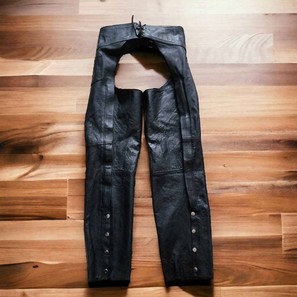 LG CAMBRIDGE INT'L Black Leather Side Zip Chaps Size SMALL